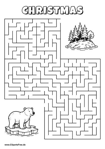 Hilf dem Weißbär, den Weg zum Festland mit Bäumen zu finden - Irrgarten, Rätsel zum Drucken