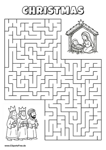 Hilf den Heilige Drei Königen, den Weg zur Weihnachtskrippe zu finden - Irrgarten, Rätsel zum Drucken