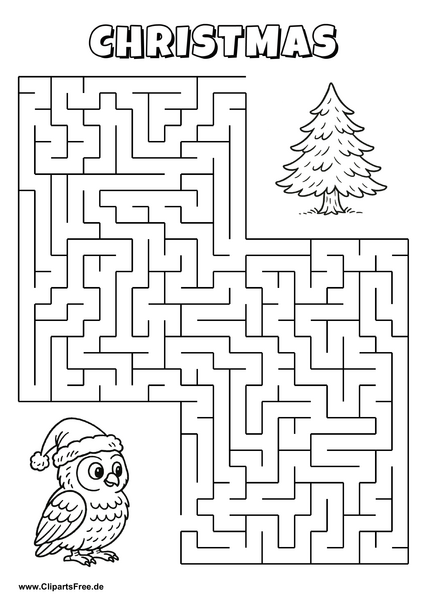 Hilf der Eule, den Weg zum Tannenbaum im Wald zu finden - Irrgarten, Rätsel zum Drucken