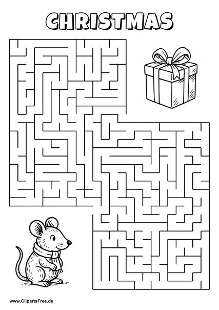 Hilf der Maus, den Weg zum Geschenk zu finden - Irrgarten, Rätsel zum Drucken