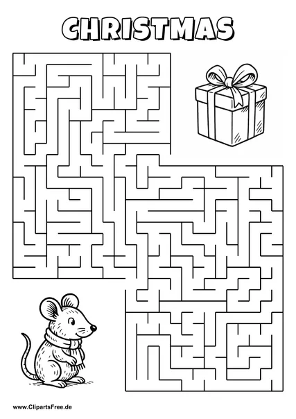 Hilf der Maus, den Weg zum Geschenk zu finden - Irrgarten, Rätsel zum Drucken