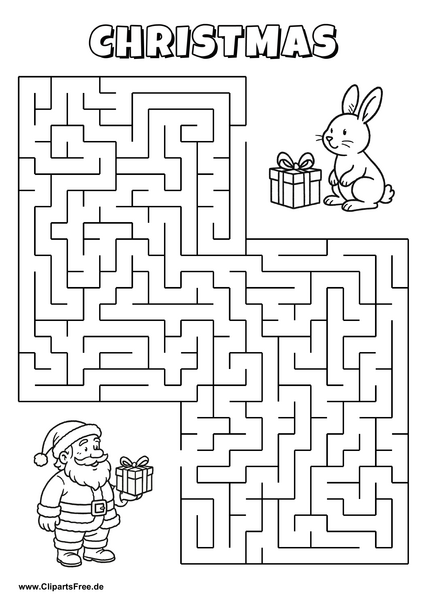Hilf Santa Claus, den Weg zu dem Hasen zu finden - Irrgarten, Rätsel zum Drucken