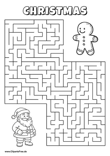 Hilf Santa Claus, den Weg zu dem Lebkuchenmann zu finden - Irrgarten, Rätsel zum Drucken