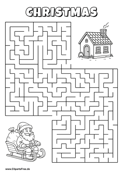 Hilf Santa Claus, den Weg zum Haus zu finden - Irrgarten, Rätsel zum Drucken