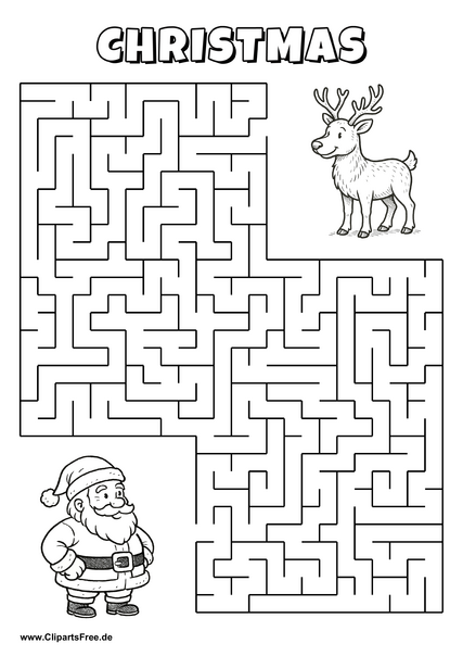 Hilf Santa Claus, den Weg zum Rentier zu finden - Irrgarten, Rätsel zum Drucken