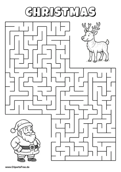 Hilf Santa Claus, den Weg zum Rentier zu finden - Irrgarten, Rätsel zum Drucken
