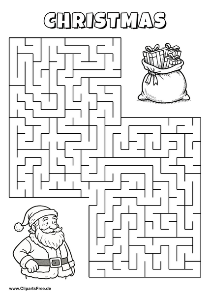 Hilf Santa Claus, den Weg zum Sack mit Geschenken zu finden - Irrgarten, Rätsel zum Drucken