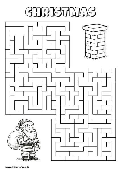 Hilf Santa Claus, den Weg zum Schornstein zu finden - Irrgarten, Rätsel zum Drucken