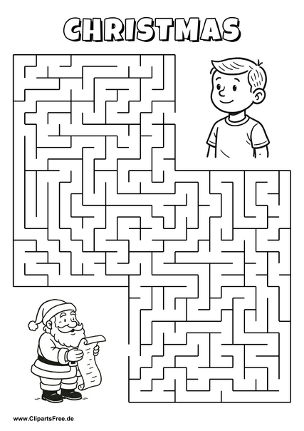 Hilf Santa Claus mit Geschenkliste, den Weg zu einem Kind zu finden Irrgarten, Rätsel zum Drucken