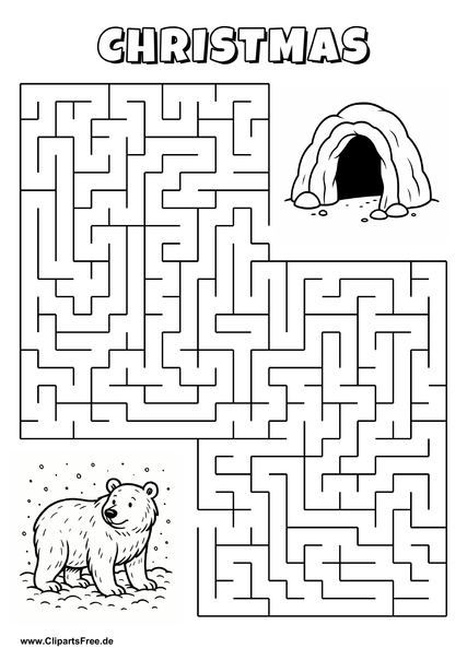 Labyrinth-Rätsel zum Drucken 'Bär im Schnee sucht den Weg zur Höhle'
