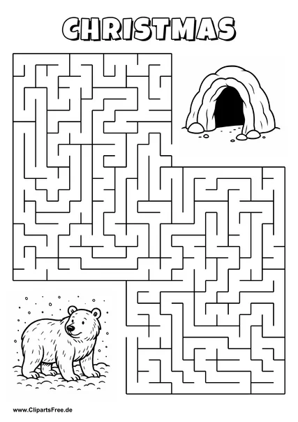 Labyrinth-Rätsel zum Drucken 'Bär im Schnee sucht den Weg zur Höhle'