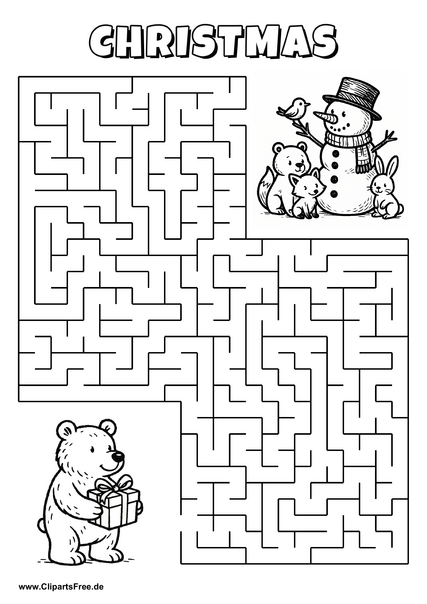 Labyrinth-Rätsel zum Drucken 'Bär mit Geschenk sucht den Weg zu seinen Freunden'