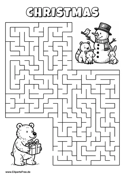 Labyrinth-Rätsel zum Drucken 'Bär mit Geschenk sucht den Weg zu seinen Freunden'