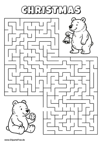 Labyrinth-Rätsel zum Drucken 'Bär mit Keks sucht den Weg zum Bären mit Glocke'