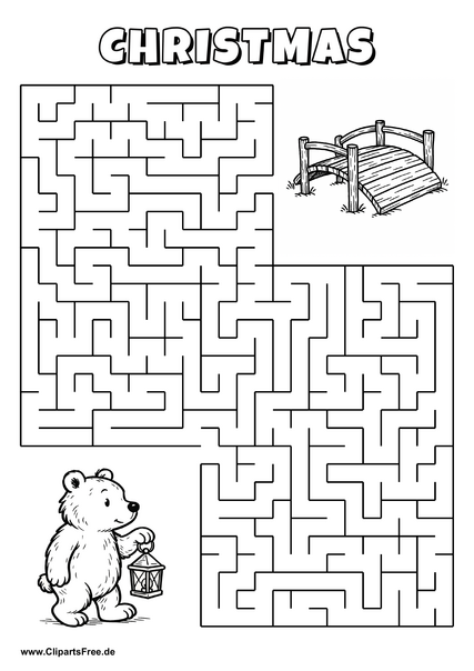 Labyrinth-Rätsel zum Drucken 'Bär mit Laterne sucht den Weg zur Holzbrücke'