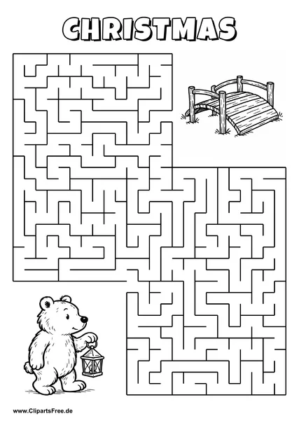 Labyrinth-Rätsel zum Drucken 'Bär mit Laterne sucht den Weg zur Holzbrücke'