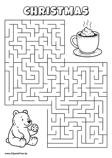 Labyrinth-Rätsel zum Drucken 'Bär mit Plätzchen sucht den Weg zur Kakaotasse'