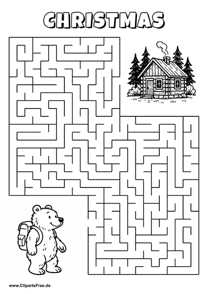 Labyrinth-Rätsel zum Drucken 'Bär mit Rucksack sucht den Weg zur Waldhütte'