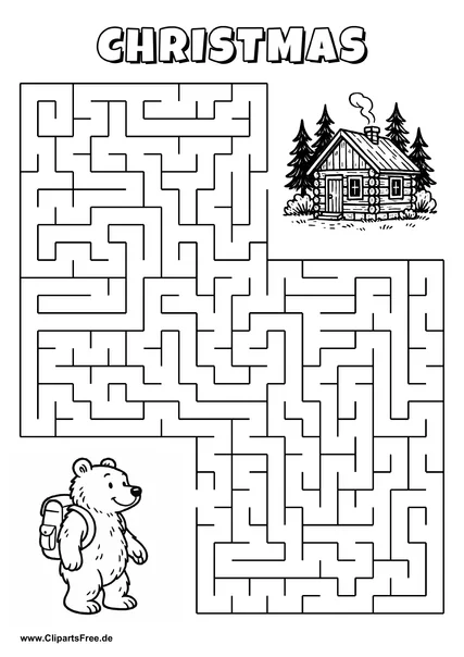 Labyrinth-Rätsel zum Drucken 'Bär mit Rucksack sucht den Weg zur Waldhütte'