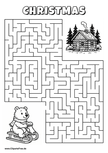 Labyrinth-Rätsel zum Drucken 'Bär mit Schlitten sucht den Weg zur Waldhütte'