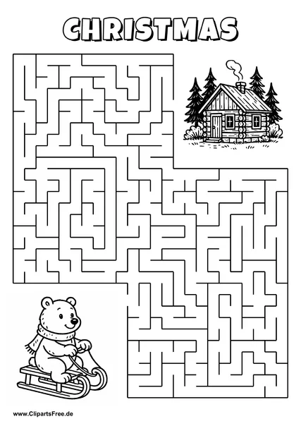 Labyrinth-Rätsel zum Drucken 'Bär mit Schlitten sucht den Weg zur Waldhütte'
