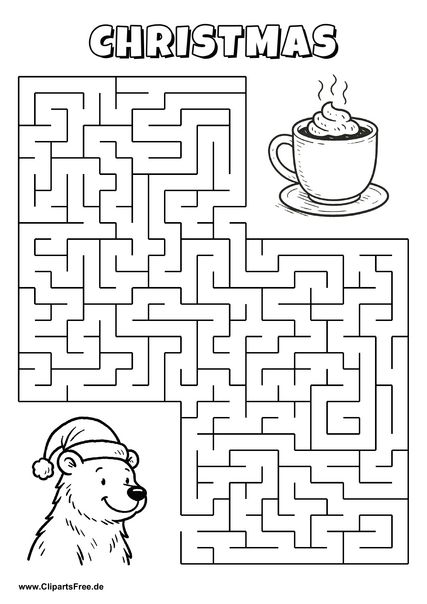 Labyrinth-Rätsel zum Drucken 'Bär mit Weihnachtsmütze sucht den Weg zur Kakaotasse'