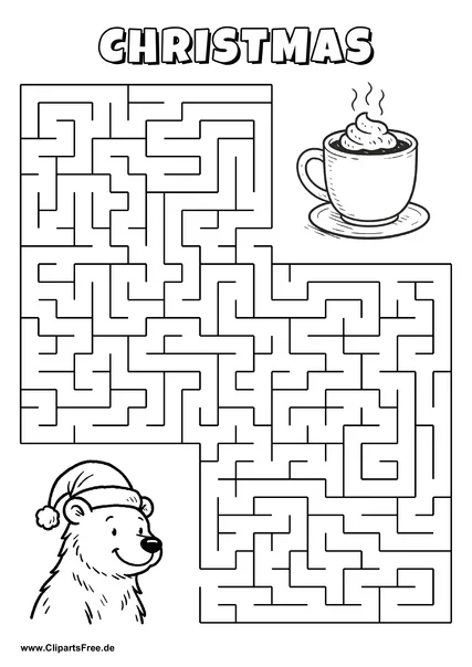 Labyrinth-Rätsel zum Drucken 'Bär mit Weihnachtsmütze sucht den Weg zur Kakaotasse'