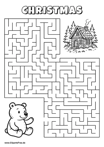 Labyrinth-Rätsel zum Drucken 'Bär sucht den Weg zum Haus im Wald'