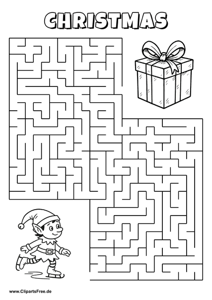 Labyrinth-Rätsel zum Drucken 'Elf auf Schlittschuhen sucht den Weg zum Weihnachtsgeschenk'