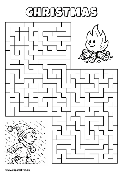 Labyrinth-Rätsel zum Drucken 'Elf im Schneesturm sucht den Weg zur Feuerstelle'