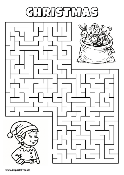 Labyrinth-Rätsel zum Drucken 'Elf mit Mütze sucht den Weg zum Sack voller Spielzeug'