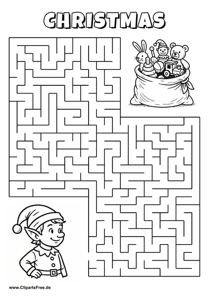 Labyrinth-Rätsel zum Drucken 'Elf mit Mütze sucht den Weg zum Sack voller Spielzeug'