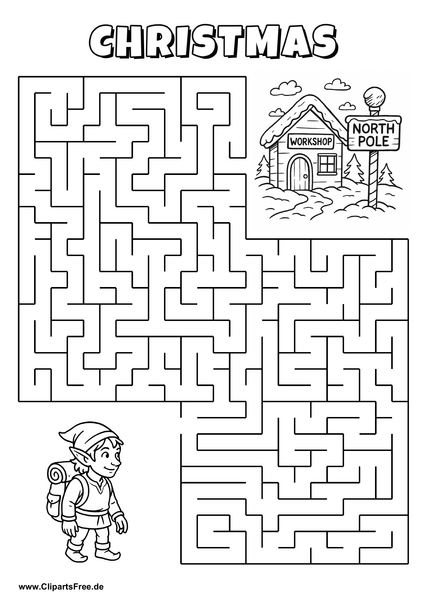 Labyrinth-Rätsel zum Drucken 'Elf mit Rucksack sucht den Weg zur Werkstatt am Nordpol'