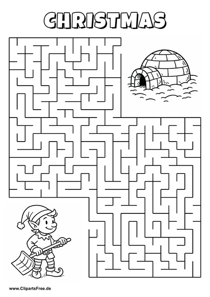Labyrinth-Rätsel zum Drucken 'Elf mit Schneeschaufel sucht den Weg zum Iglu im Schnee'