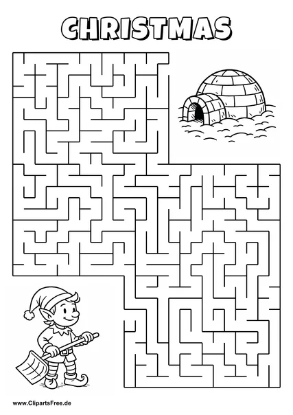 Labyrinth-Rätsel zum Drucken 'Elf mit Schneeschaufel sucht den Weg zum Iglu im Schnee'