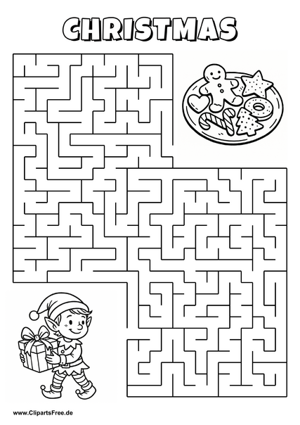 Labyrinth-Rätsel zum Drucken 'Elf sucht den Weg zu den Plätzchen'