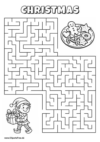 Labyrinth-Rätsel zum Drucken 'Elf sucht den Weg zu den Plätzchen'
