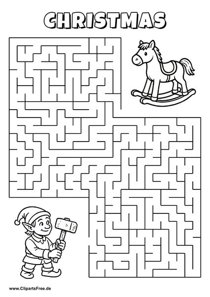 Labyrinth-Rätsel zum Drucken 'Elf sucht den Weg zum Holzschaukelpferd'