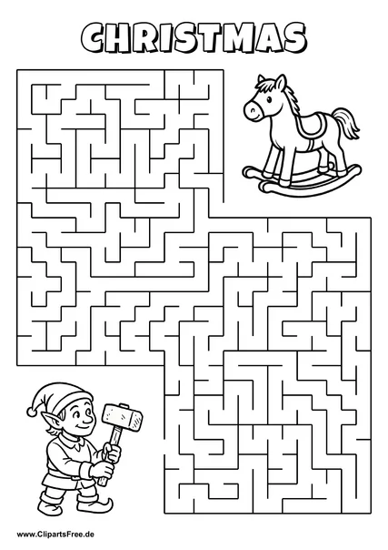 Labyrinth-Rätsel zum Drucken 'Elf sucht den Weg zum Holzschaukelpferd'