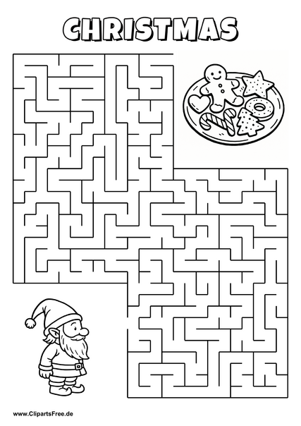Labyrinth-Rätsel zum Drucken 'Elf sucht den Weg zum Plätzchenteller'