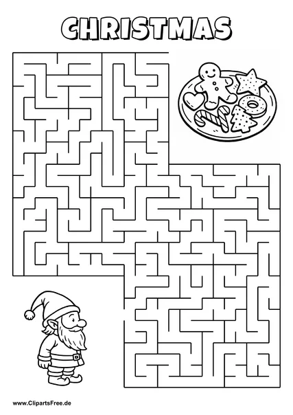 Labyrinth-Rätsel zum Drucken 'Elf sucht den Weg zum Plätzchenteller'