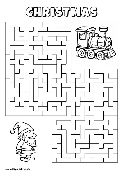 Labyrinth-Rätsel zum Drucken 'Elf sucht den Weg zum Spielzeugzug'