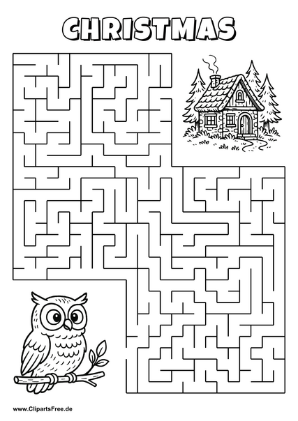 Labyrinth-Rätsel zum Drucken 'Eule auf Zweig sucht den Weg zum Waldhaus'