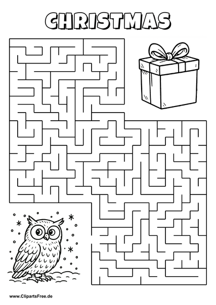 Labyrinth-Rätsel zum Drucken 'Eule im Schnee sucht den Weg zum Geschenk'