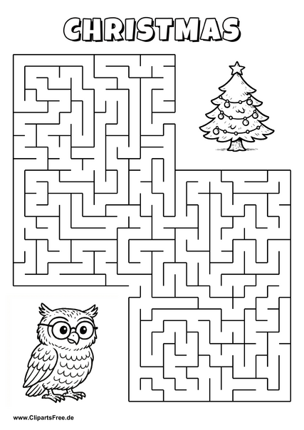 Labyrinth-Rätsel zum Drucken 'Eule mit Brille sucht den Weg zum Weihnachtsbaum'