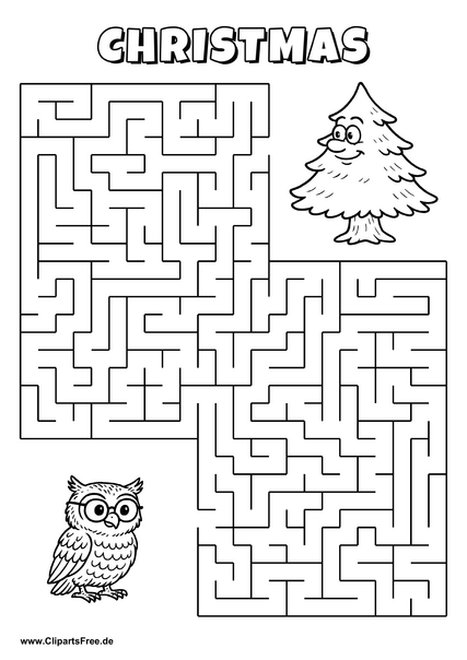 Labyrinth-Rätsel zum Drucken 'Eule mit Brille sucht den Weg zur Tanne'