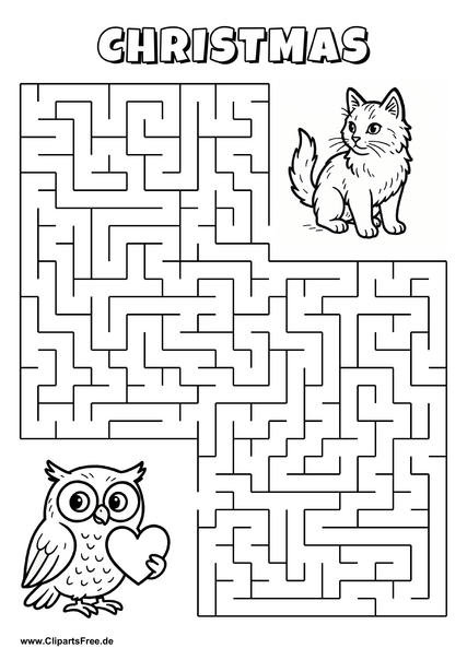 Labyrinth-Rätsel zum Drucken 'Eule mit Herz sucht den Weg zur Katze'