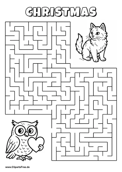 Labyrinth-Rätsel zum Drucken 'Eule mit Herz sucht den Weg zur Katze'
