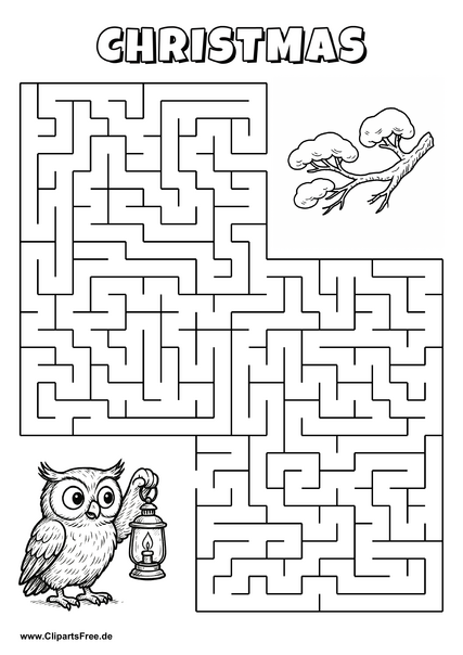 Labyrinth-Rätsel zum Drucken 'Eule mit Lampe sucht den Weg zum Ast'