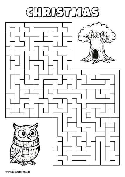 Labyrinth-Rätsel zum Drucken 'Eule mit Schal sucht den Weg zum Höhlenbaum'
